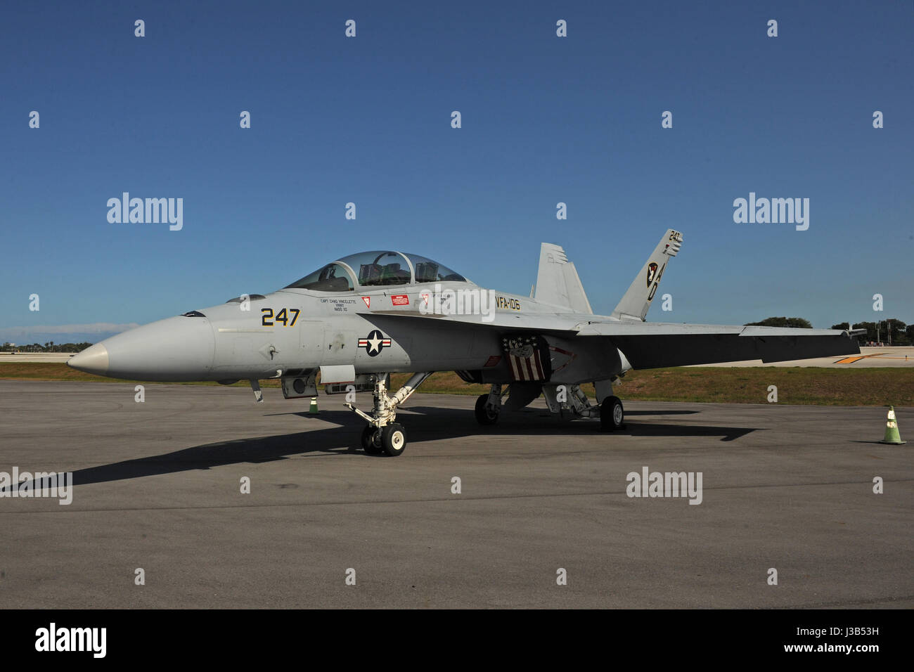 FORT LAUDERDALE FL - MAY 04: U.S. Navy F/A-18F Super Hornet sits on the tarmac at Fort Lauderdale Executive Airport during Fort Lauderdale Air Show Media day on May 4, 2017 in Fort Lauderdale, Florida. Credit: mpi04/MediaPunch Stock Photo