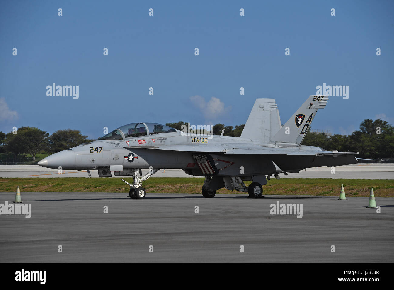 FORT LAUDERDALE FL - MAY 04: U.S. Navy F/A-18F Super Hornet sits on the tarmac at Fort Lauderdale Executive Airport during Fort Lauderdale Air Show Media day on May 4, 2017 in Fort Lauderdale, Florida. Credit: mpi04/MediaPunch Stock Photo