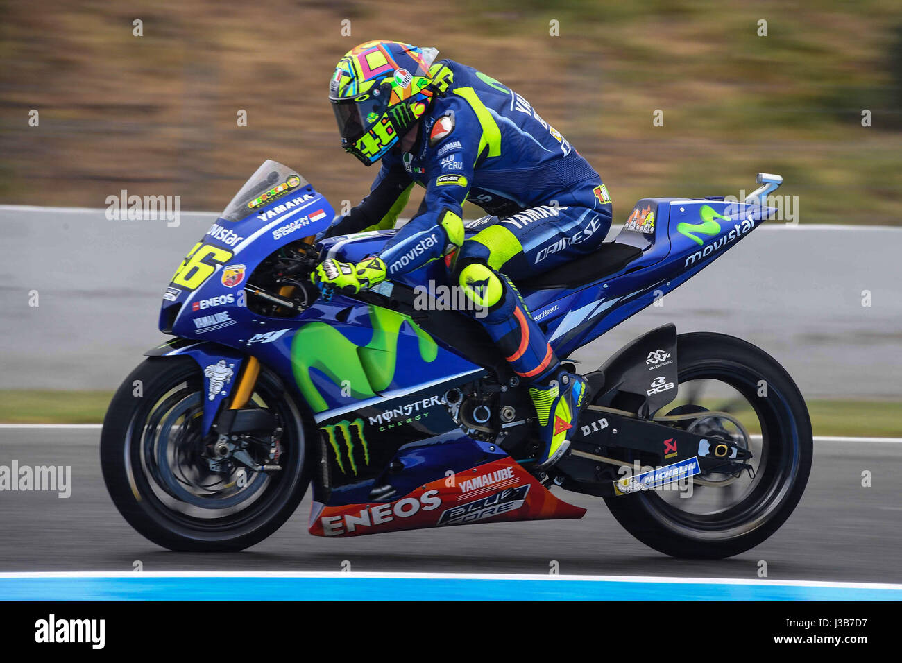 Jerez de la Frontera, Spain. 5th May, 2017. Valentino Rossi of Italy and  Movistar Yamaha MotoGP rides during the MotoGp of Spain - Free Practice at  Circuito de Jerez on May 5,