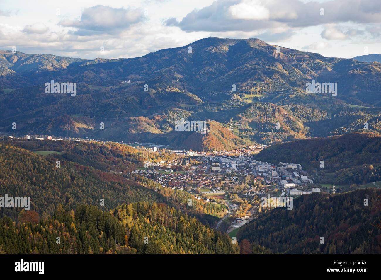 Kapfenberg, a town in the midst of the forested foothills of the Styrian limestone alps. Stock Photo