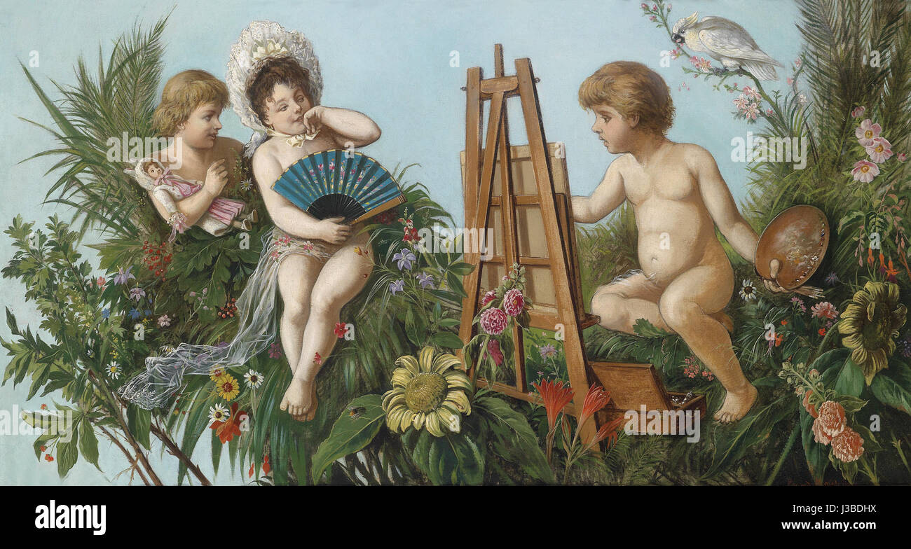 Eduard Maischâ€™s 'Der Maler und sein Modell' (The Painter and His Model) from 1891 is a classic piece of German art. The painting captures the intimate relationship between the artist and his subject, reflecting 19th-century European art trends. Stock Photo