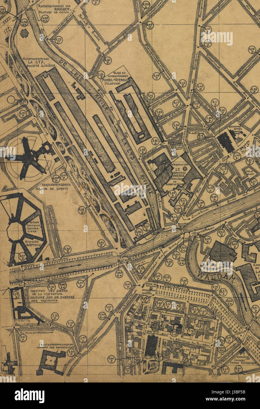 This map detail depicts the Elizabethbegijnhof, a historical site in Ghent, Belgium, shown on a map by Compijn and Soenen, highlighting the architectural and cultural importance of the area. Stock Photo