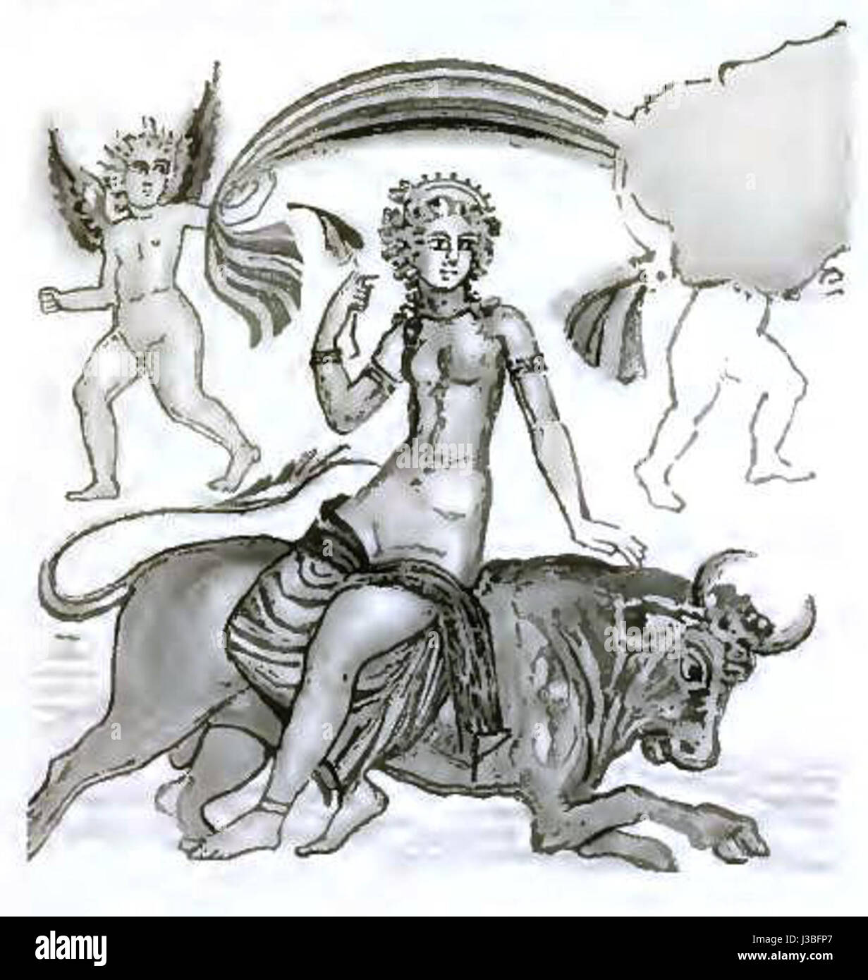 *Europa Mosaikfussboden* refers to a floor mosaic depicting Europa, a figure from Greek mythology. The mosaic represents Europaâ€™s abduction by Zeus in the form of a bull, a popular motif in ancient Greek art. Stock Photo