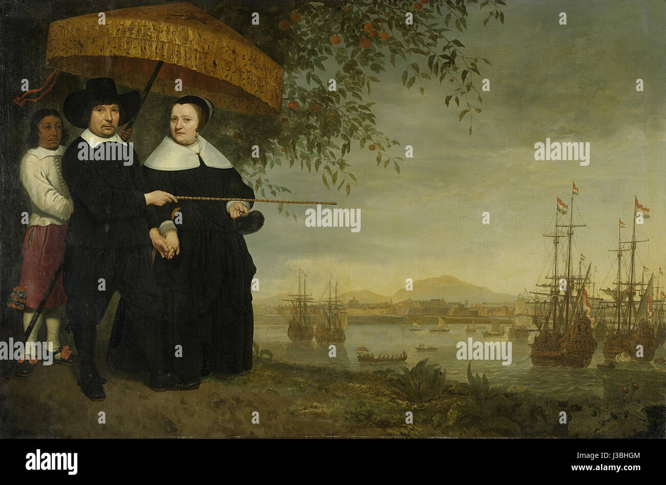 Een opperkoopman van de VOC, vermoedelijk Jacob Mathieusen en zijn vrouw ; op de achtergrond de retourvloot op de rede van Batavia Rijksmuseum SK A 2350 Stock Photo