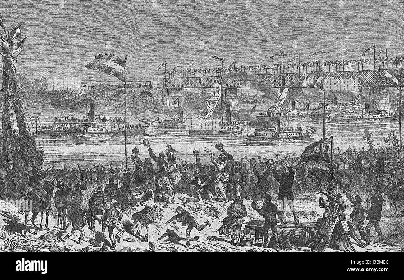The opening of the Danube regulation project in 1875 was a major engineering and environmental achievement. This project aimed to control the flow of the Danube River, preventing flooding and improving navigation for trade and transport. Stock Photo