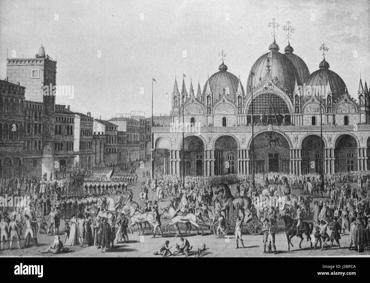 'Enlevement des chevaux de la basilique Saint Marc de Venise' refers to the historical removal of the Horses of Saint Mark, a set of bronze statues originally from Constantinople, which were relocated to Venice in the 13th century. Stock Photo
