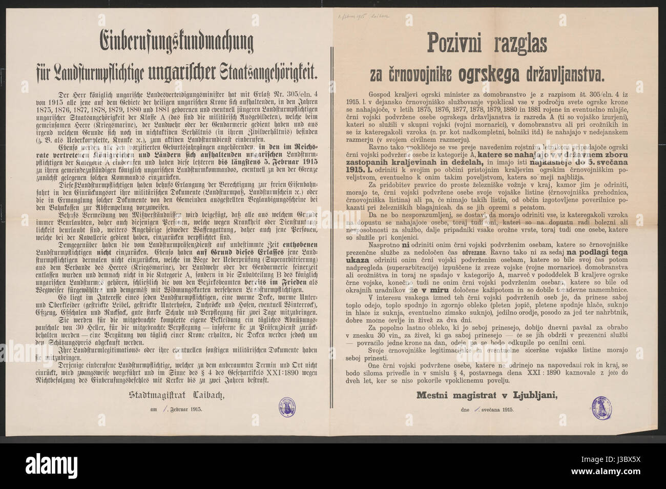 Einberufungskundmachung   Laibach   Mehrsprachiges Plakat 1915 Stock Photo