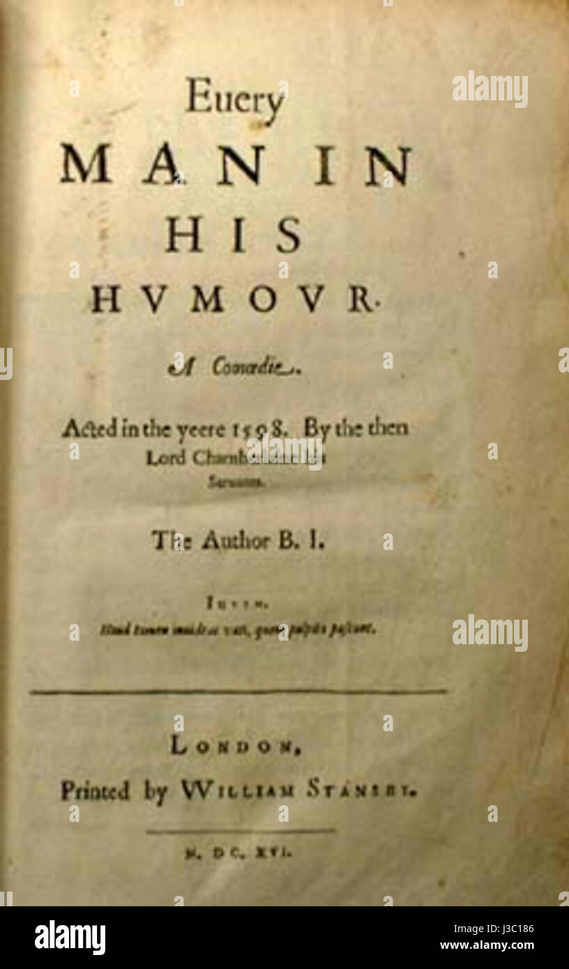 Every Man in his Humour title page 1616 Stock Photo