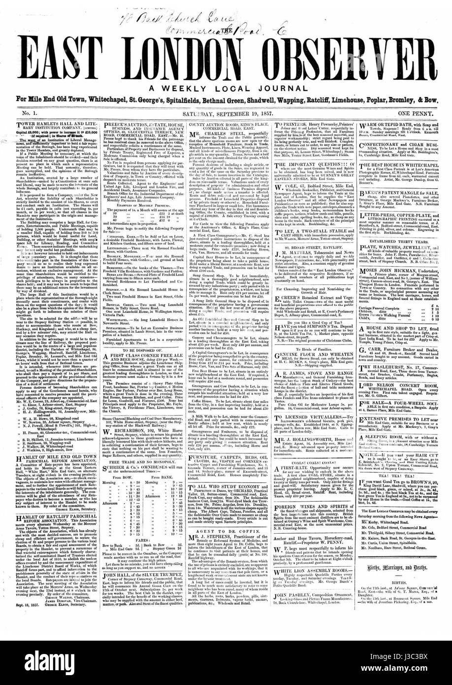 East London Observer No. 1, 19 Sept. 1857 Stock Photo