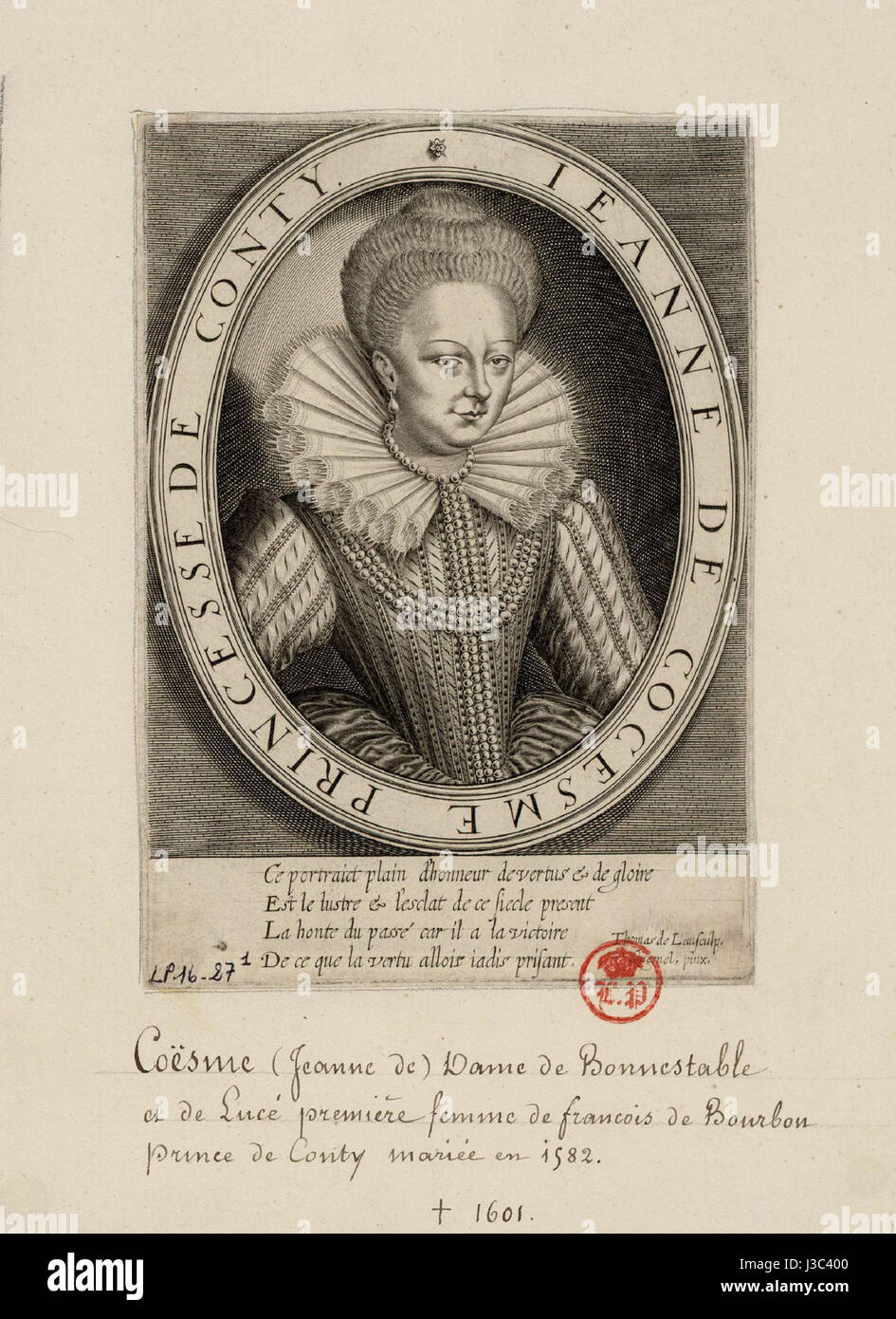Engraved portrait of Jeanne de Coesme, Princess of Conti Stock Photo