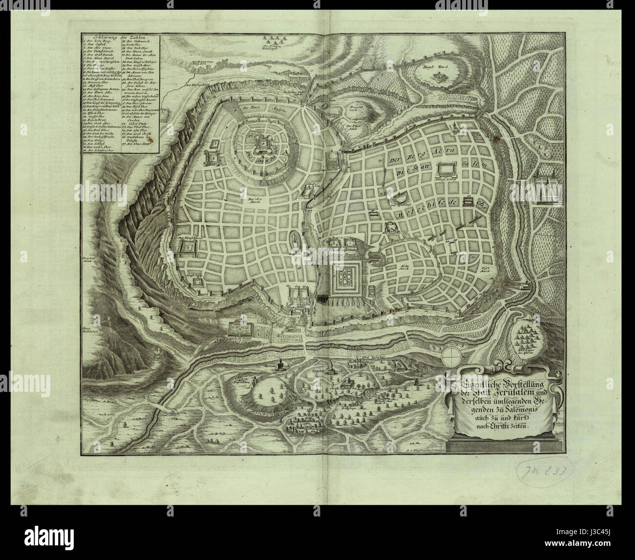 Eigentliche Vorstellung der Statt Jerusalem und derselben umliegenden Gegenden zu Salomonis auch zu und kurtz nach Christi Zeiten.   A.C. Fleischmann sc Stock Photo