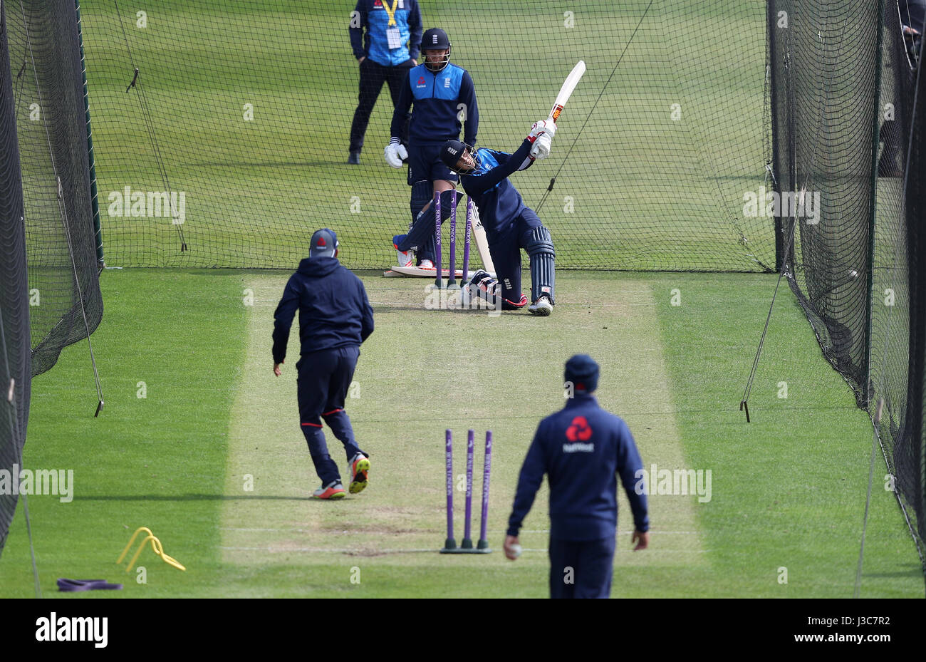 England's Joe Root bats during the nets session at The Brightside