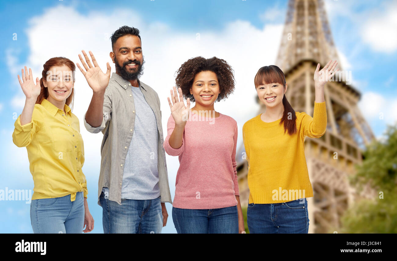 international group of happy people waving hands Stock Photo - Alamy