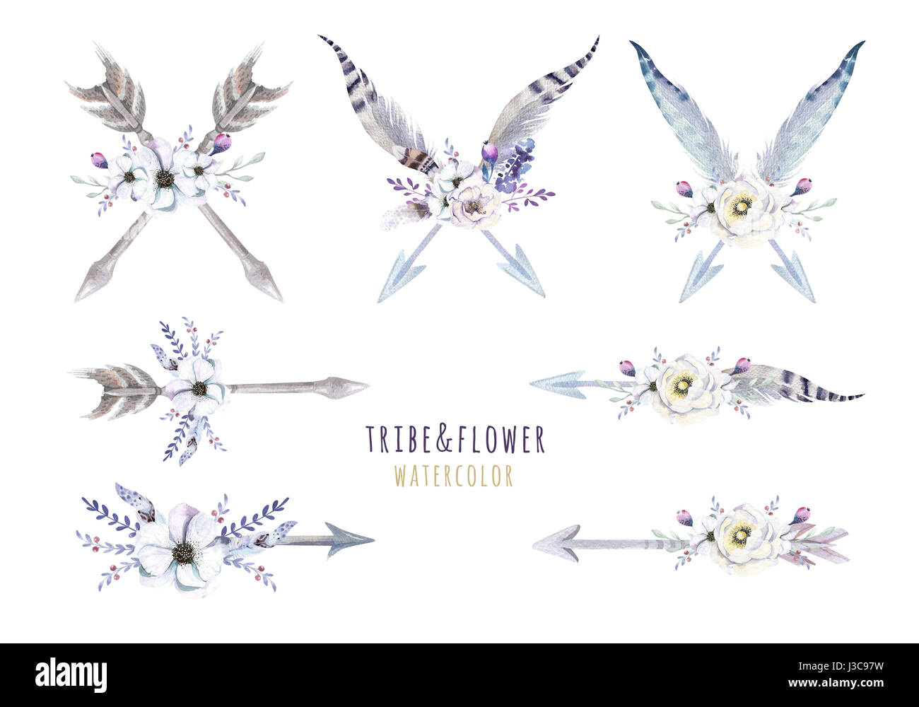 Watercolor bohemian ethnic set of arrows and flowers in native A Stock ...