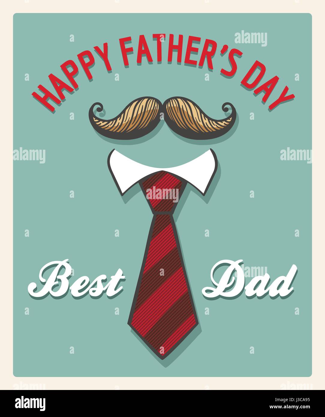 Happy fathers day greeting card or poster drawn in retro style. Mustache and Tie with wording Best Dad. Vector illustration Stock Vector