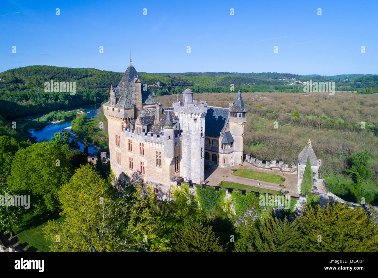 Aerial view of Chateau de Montfort, Dordogne, France. Stock Photo