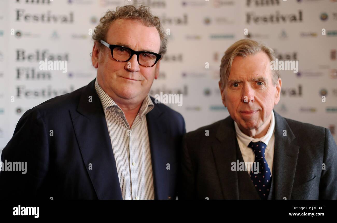 Colm Meaney (left) and Timothy Spall are interviewed before the UK Premier of The Journey at The Movie House in Belfast. Stock Photo
