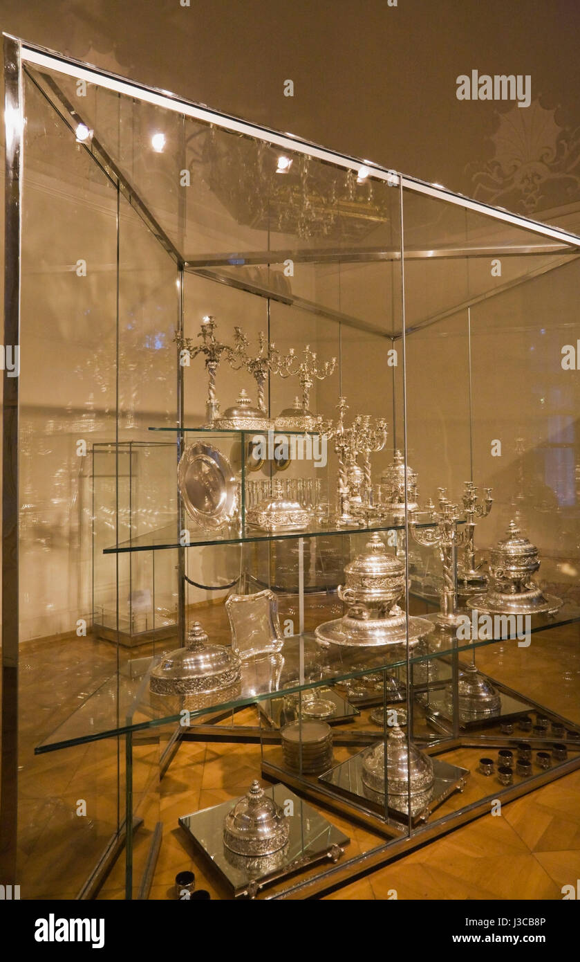 Silverware exhibition inside a room at the Esterhazy Castle in Eisenstadt, Burgenland, Austria, Europe. Stock Photo