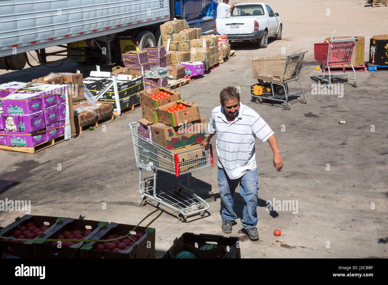 Nogales, Arizona - People pick up food at the Borderlands Food Bank. Each year, Borderlands saves 30 to 40 million pounds of produce, mostly grown in  Stock Photo