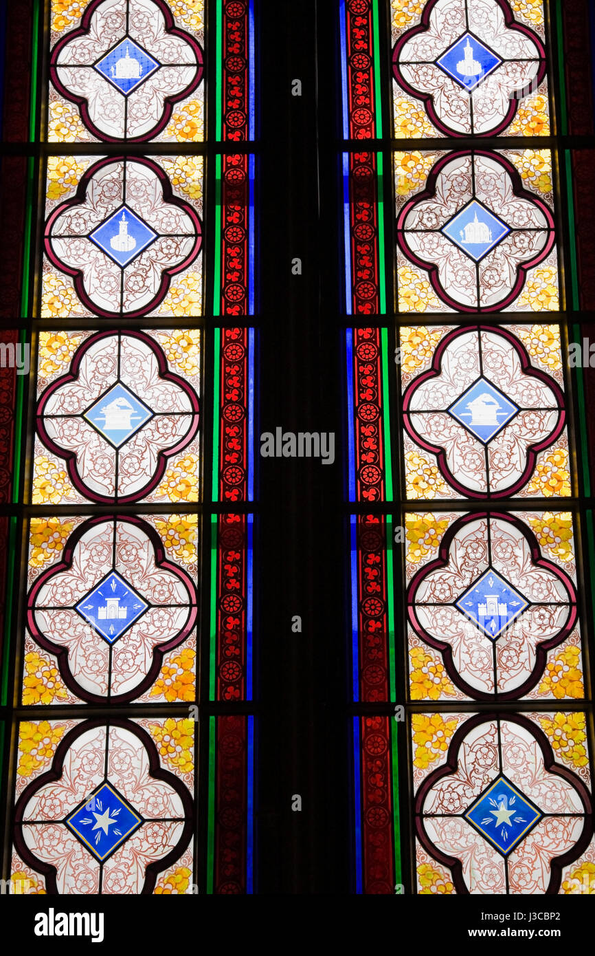 Stained glass window with simicircular patterns NotreDame Basilica
