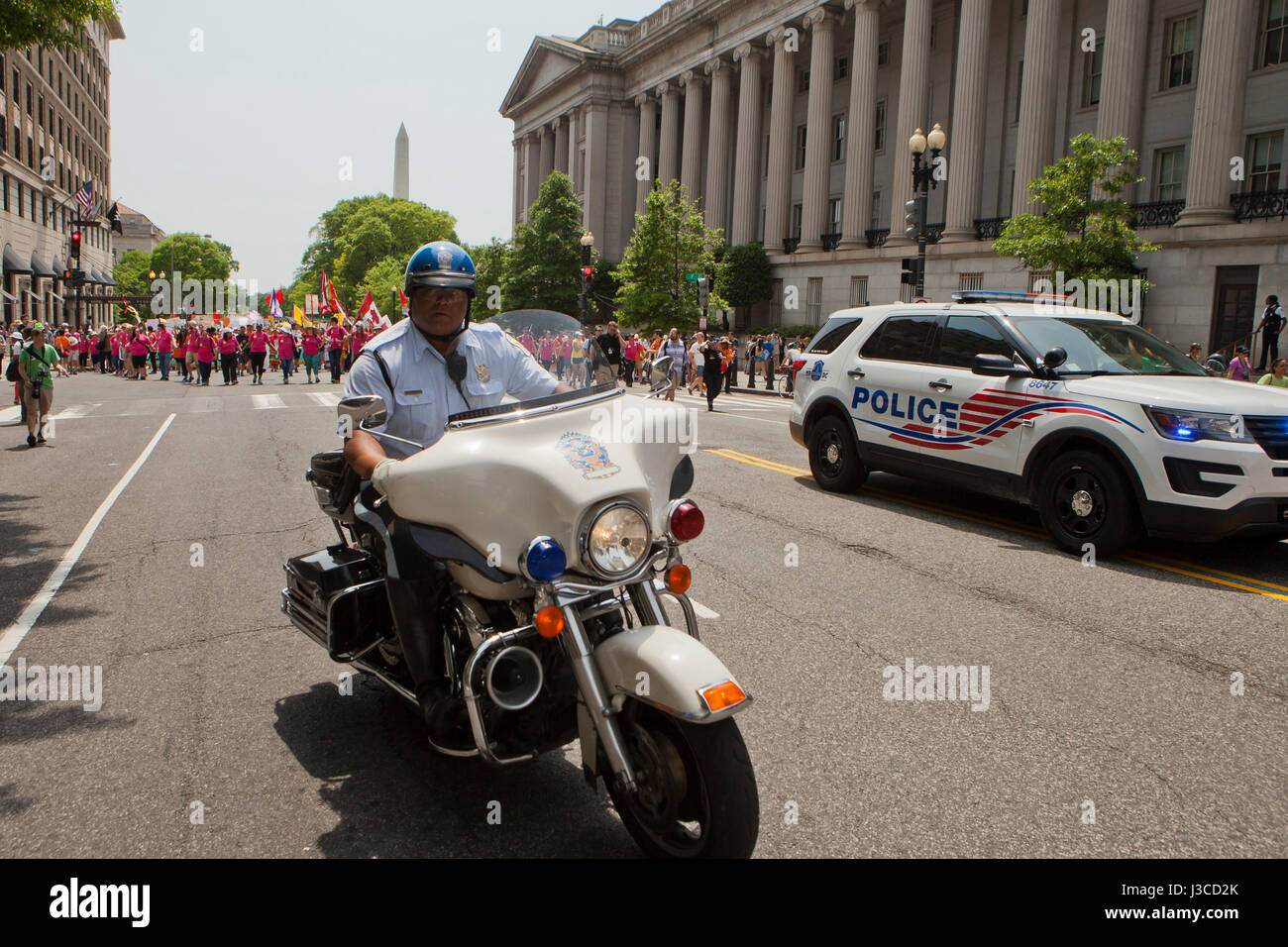 Police escort during public street protest - Washington, DC USA Stock Photo