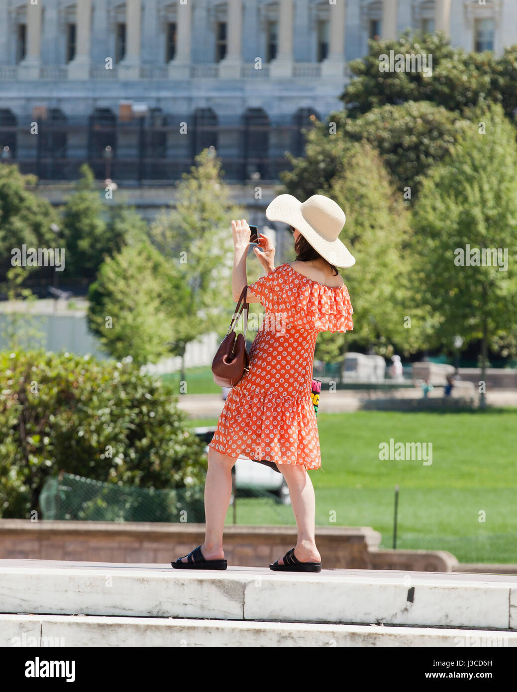 Woman taking photos with mobile phone - USA Stock Photo