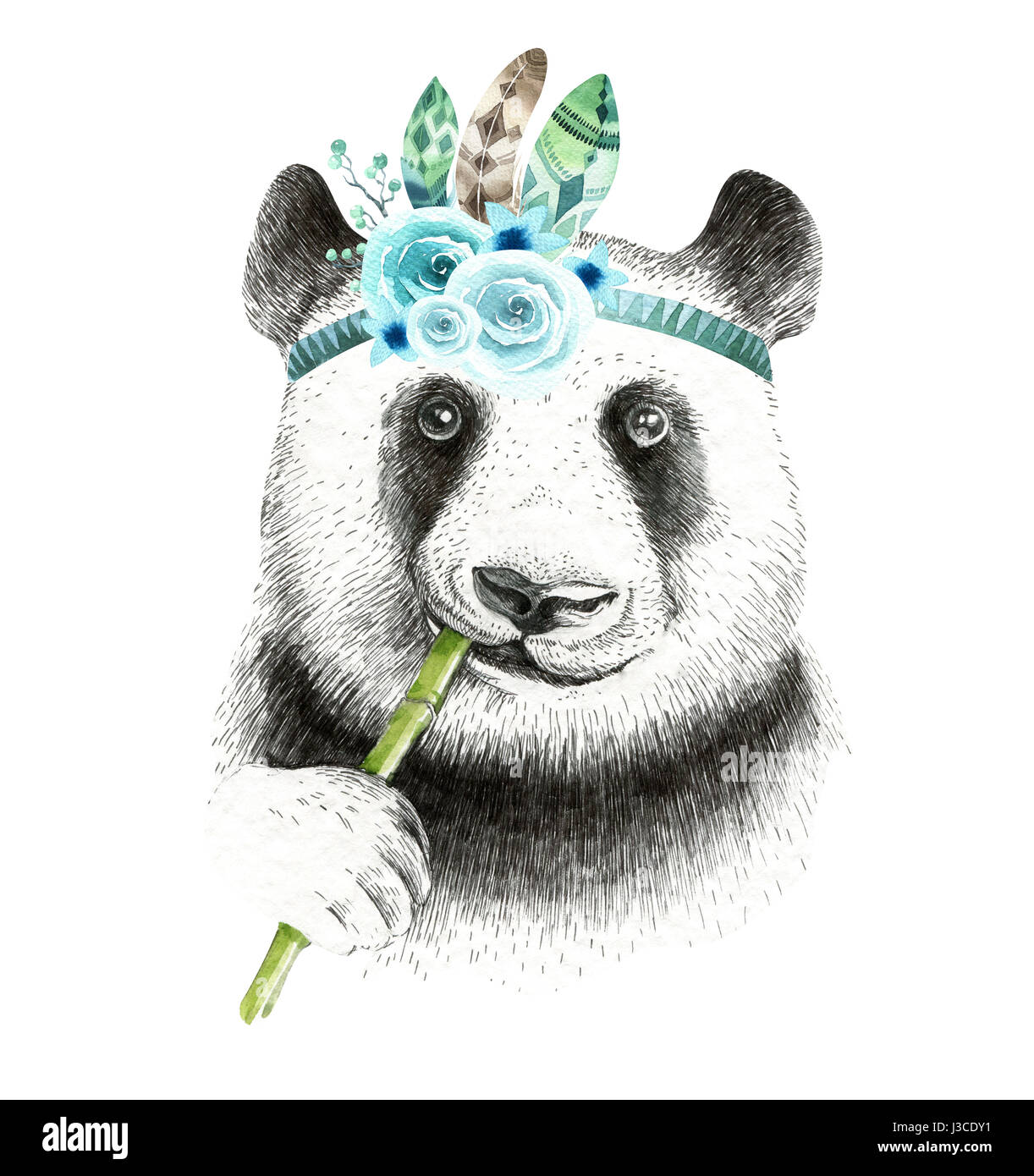 Watercolor panda illustration. Bohemian cute animal. Boho style