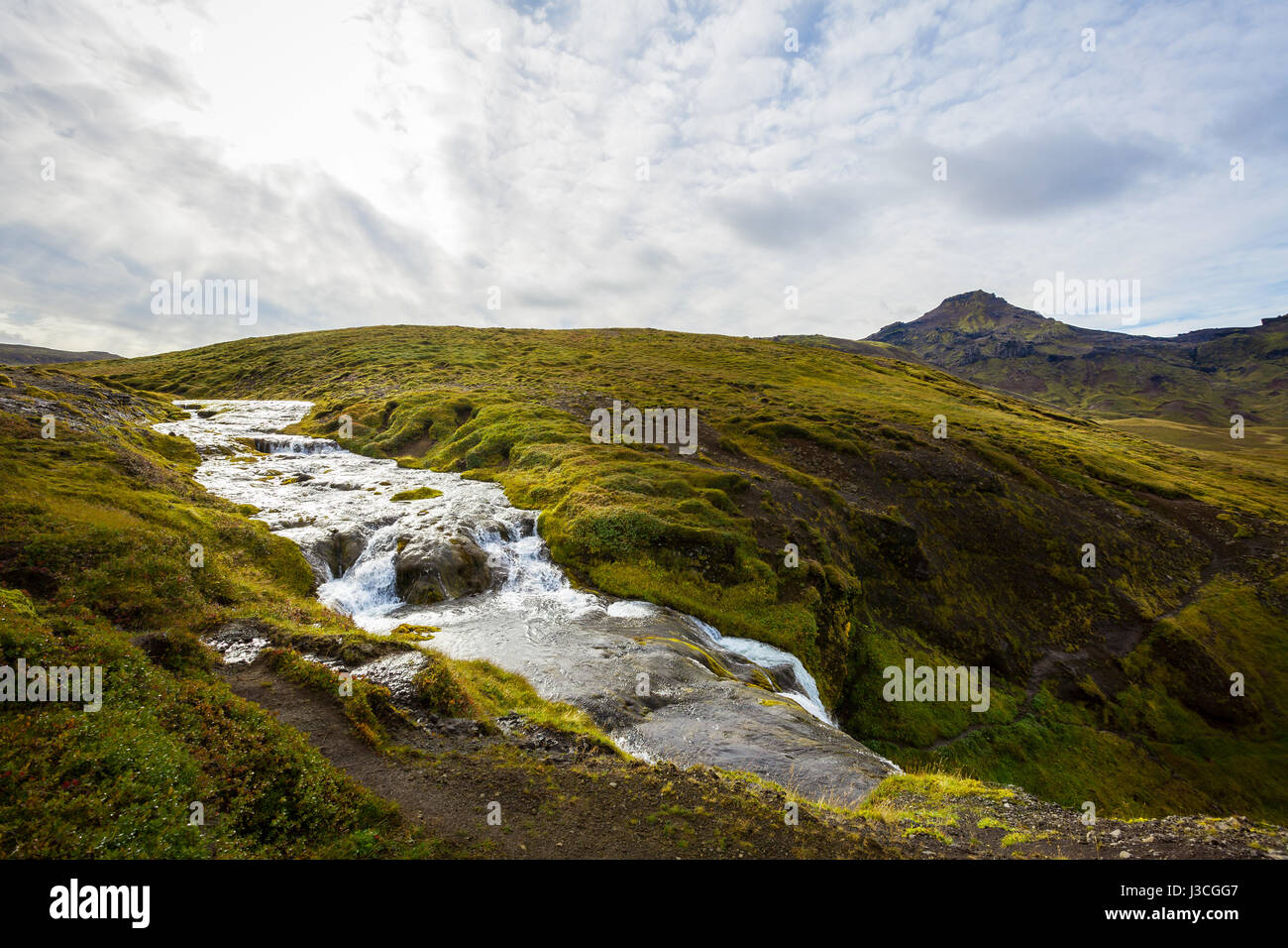 Cold water in Iceland. Waterfall in rocky mountains. Fresh and green grass. Beautiful mountain range in the backgrond. Stock Photo