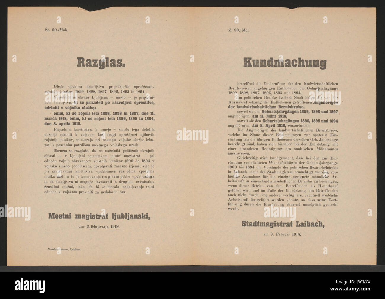 Einberufung der bisher Enthobenen   Kundmachung   Laibach   Mehrsprachiges Plakat 1918 Stock Photo