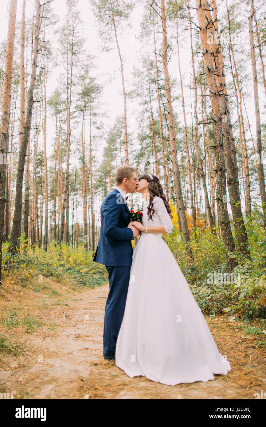 Happy newlywed pair kissing in the autumn pine forest Stock Photo - Alamy