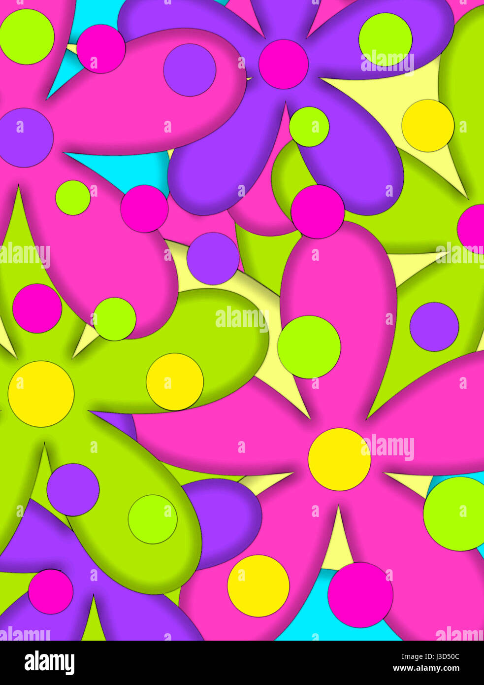 Big daisy-like flowers fill image with wild colors of hot pink, lime green, purple and aqua.  Large polka dots top colorful flowers. Stock Photo
