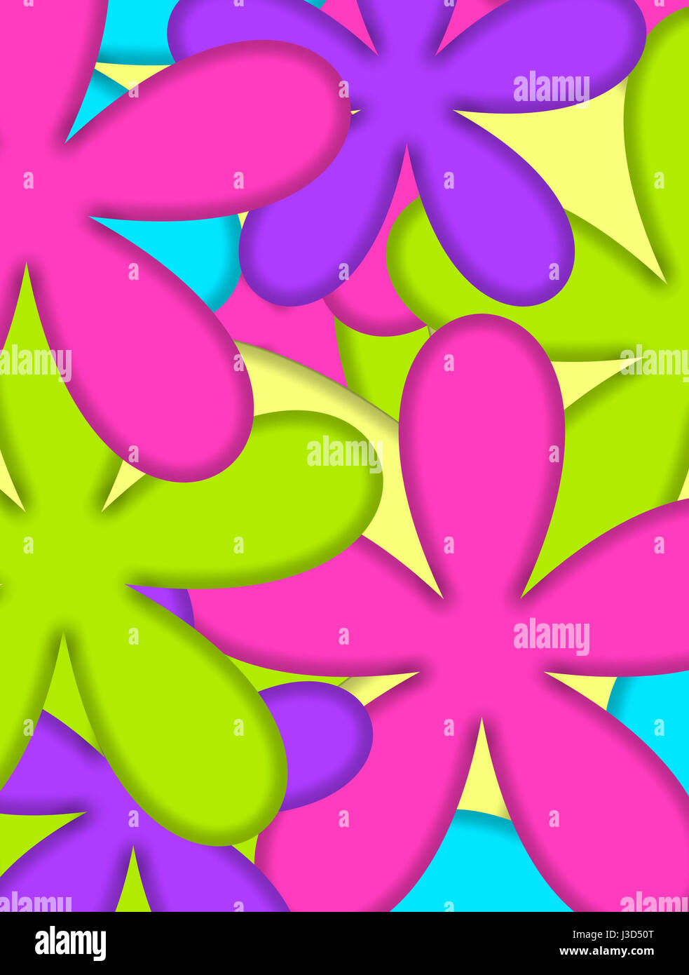 Big daisy like flowers in hot colors of pink, purple, yellow and green fill image. Stock Photo
