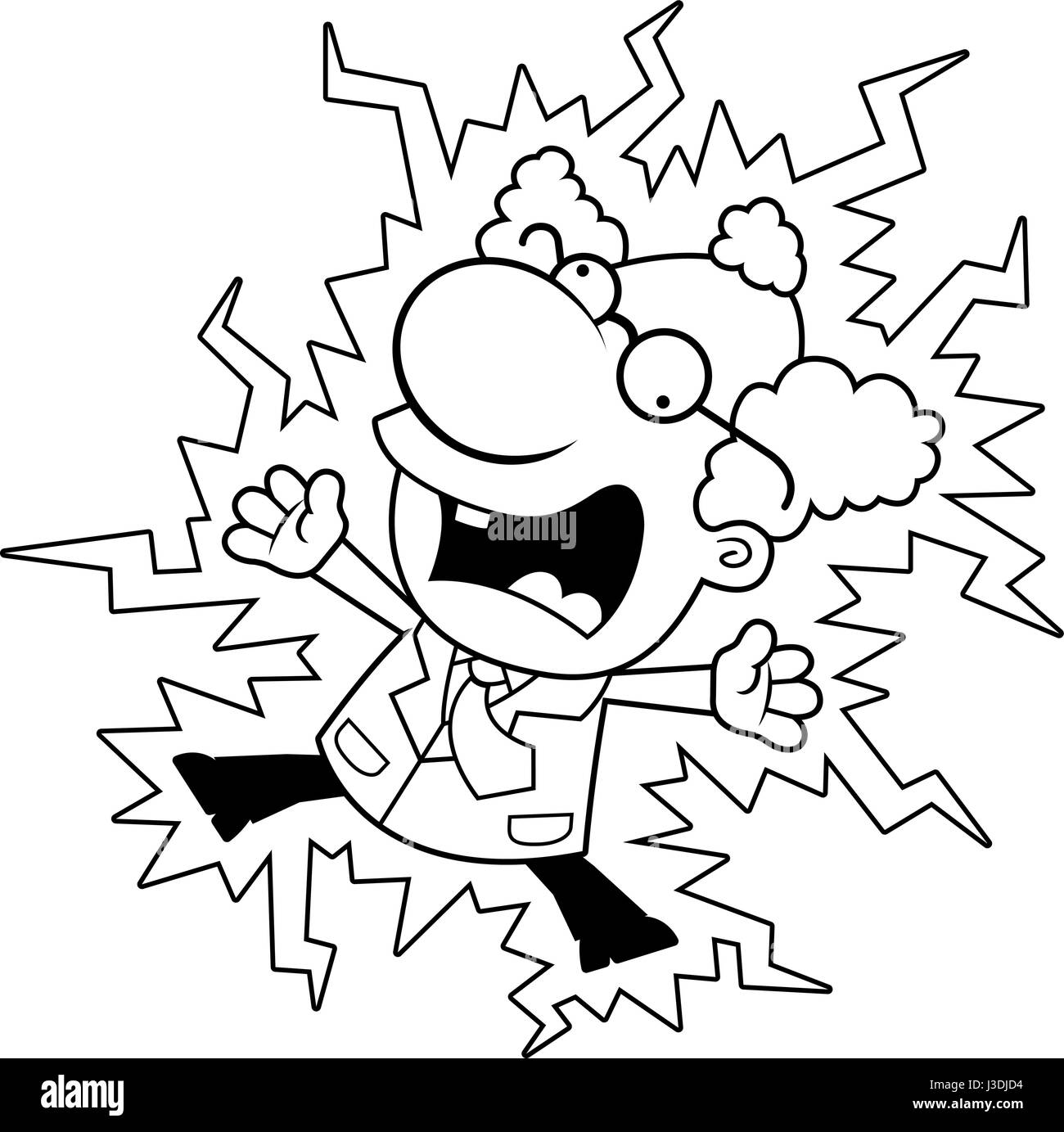 An illustration of a cartoon mad scientist being electrocuted Stock