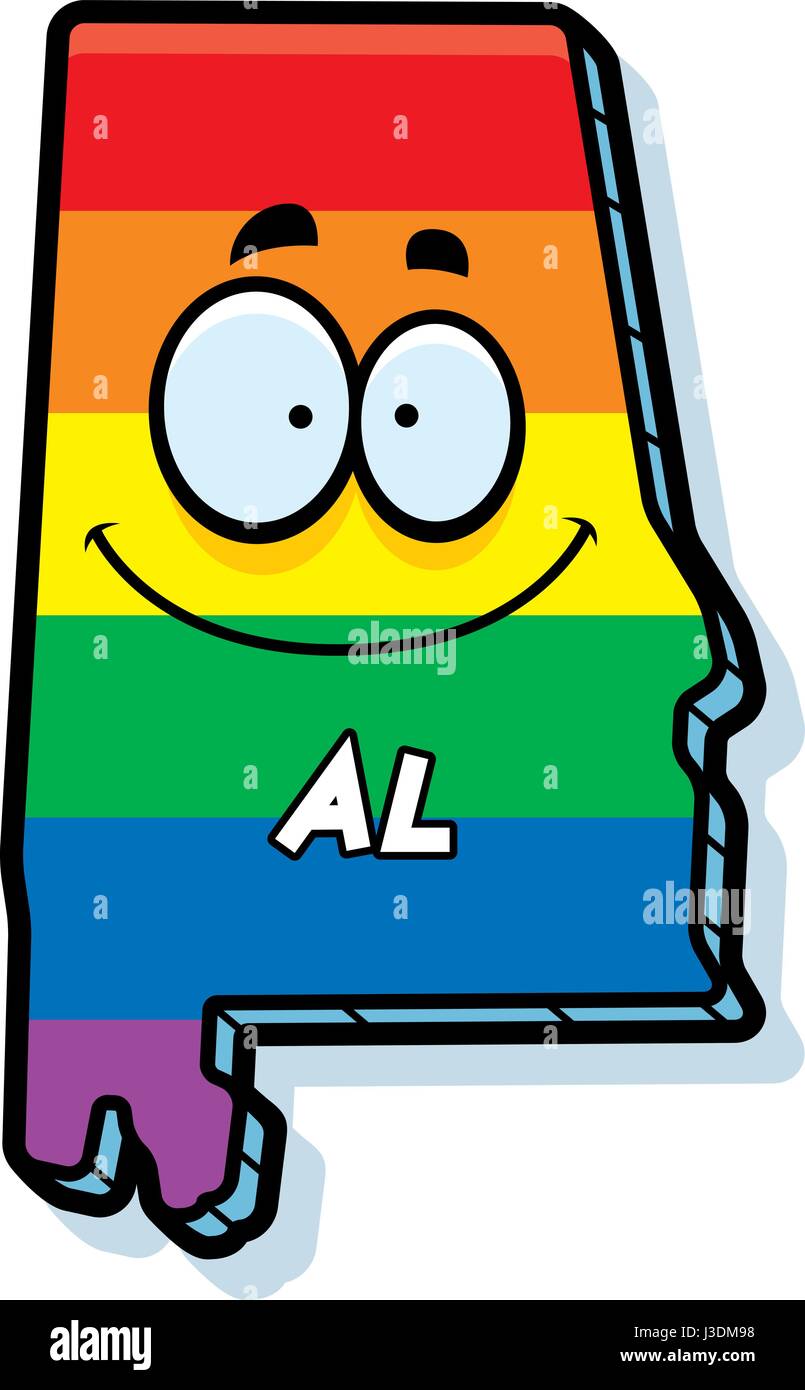 A cartoon illustration of the state of Alabama smiling with rainbow