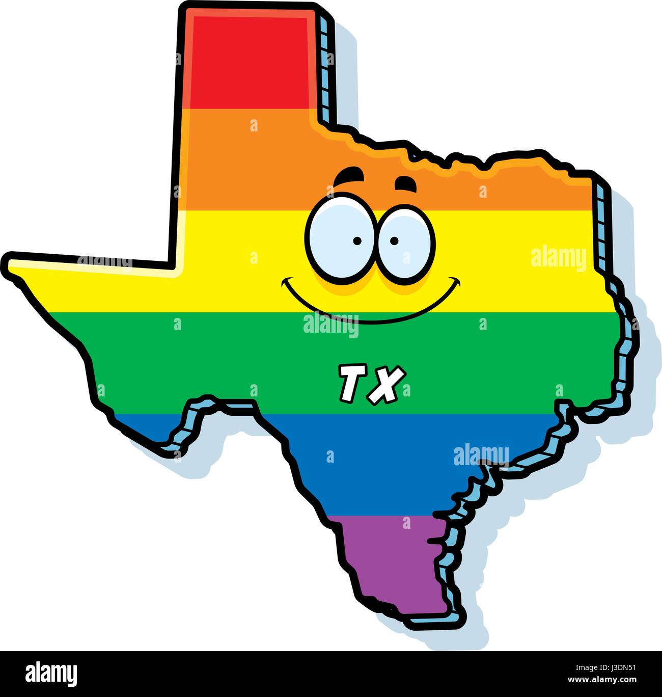 A cartoon illustration of the state of Texas smiling with rainbow flag