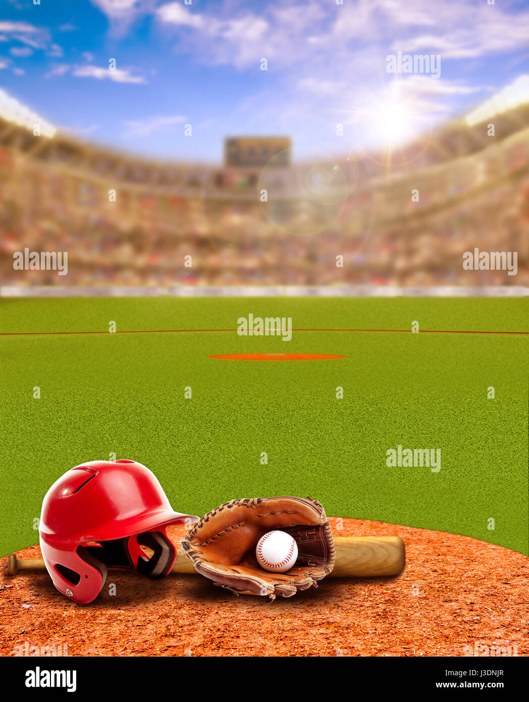 Sunset on baseball stadium full of fans in the stands with baseball