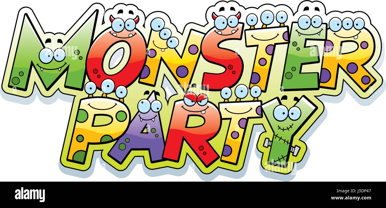 A cartoon illustration of the text Monster Party with a monster theme. Stock Vector