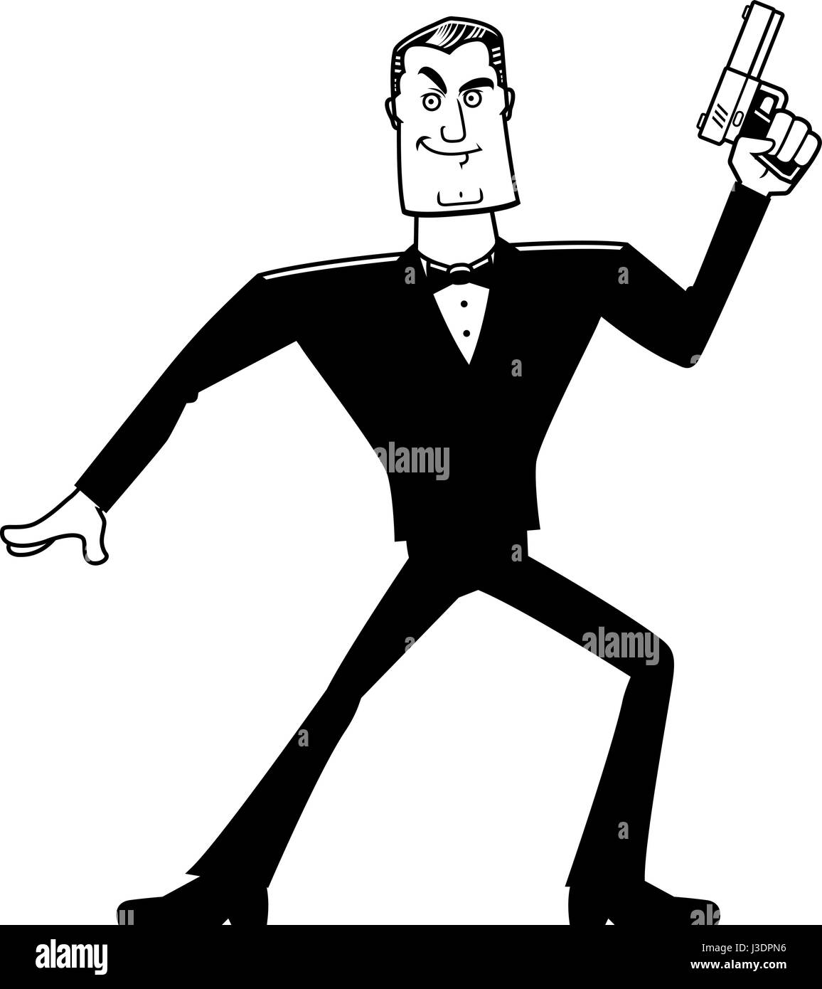 A cartoon illustration of a spy in a tuxedo with a gun. Stock Vector