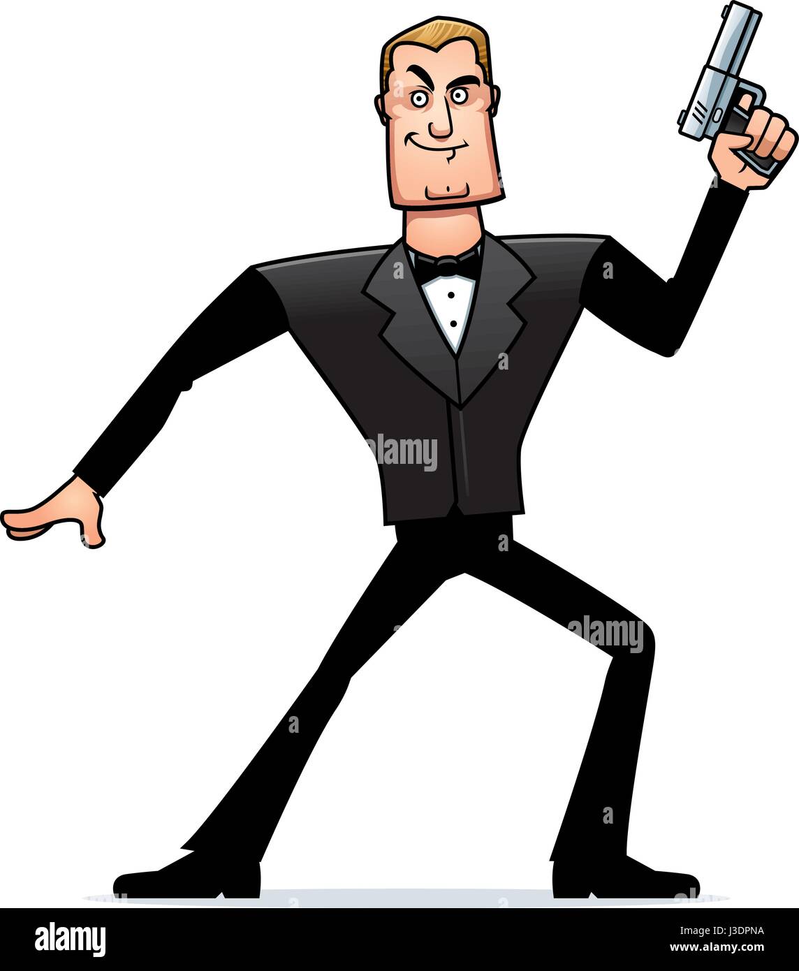 A cartoon illustration of a spy in a tuxedo with a gun. Stock Vector