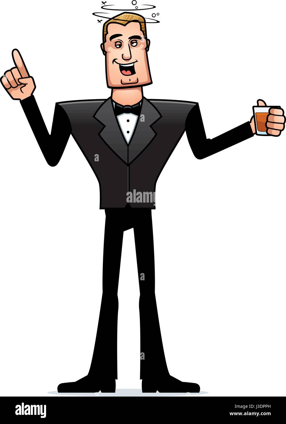 A cartoon illustration of a spy in a tuxedo looking drunk. Stock Vector