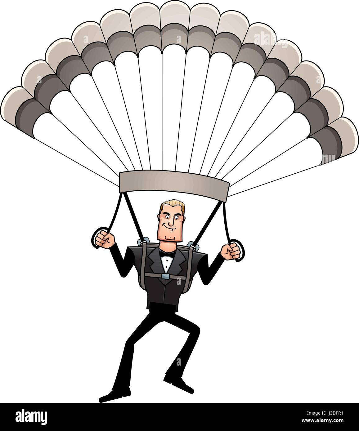 A cartoon illustration of a spy in a tuxedo parachuting. Stock Vector