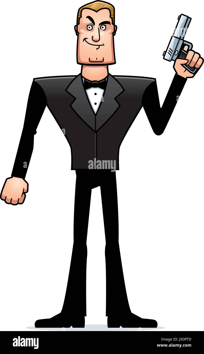 A cartoon illustration of a spy in a tuxedo standing. Stock Vector