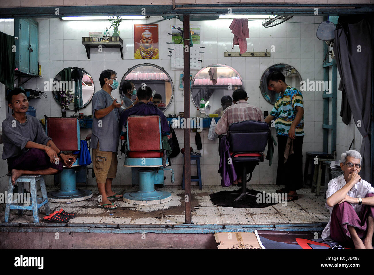 Yangon, Myanmar, Asia, A barbershop in Yangon Stock Photo