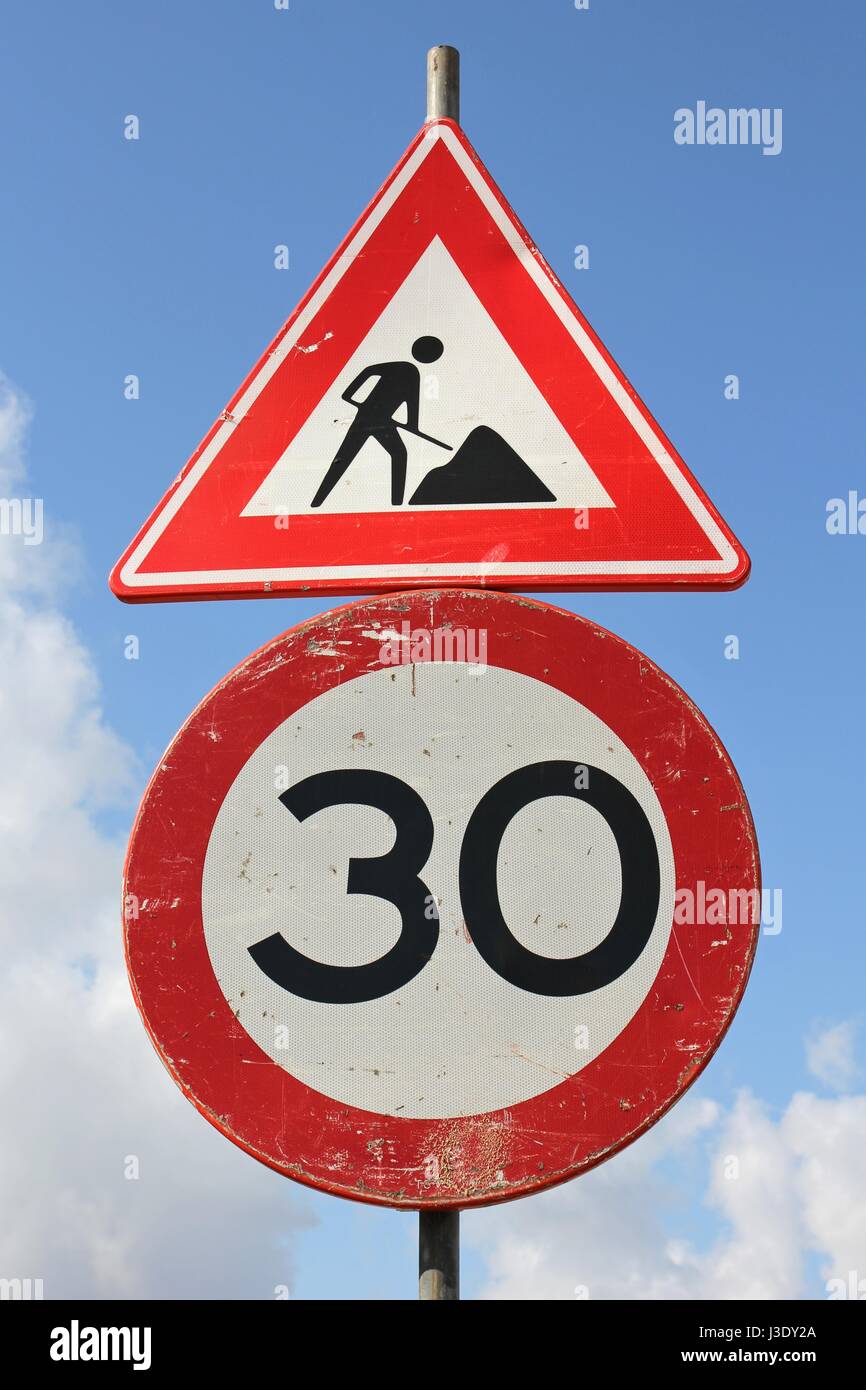 Dutch road sign: speed limit 30 km / h in combination with roadworks ...