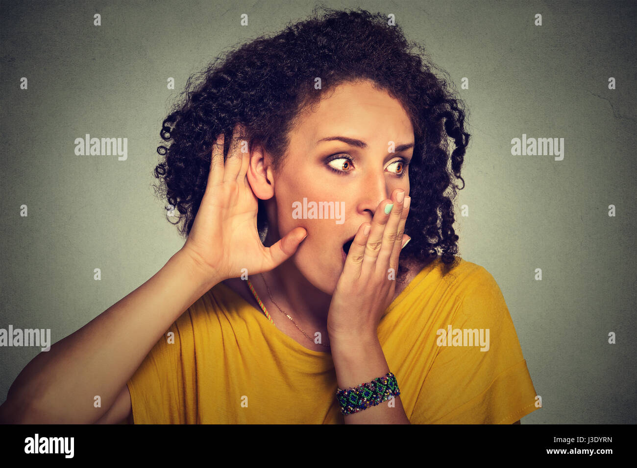 Closeup Portrait Surprised Young Nosy Woman Hand To Ear Gesture