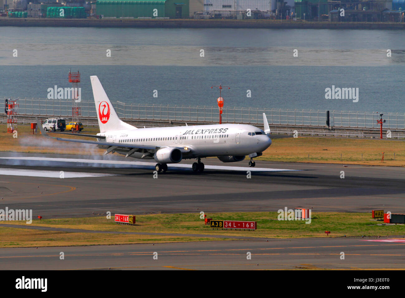 JAL Express Boeing 737 Landing at Haneda Airport Tokyo Japan Stock