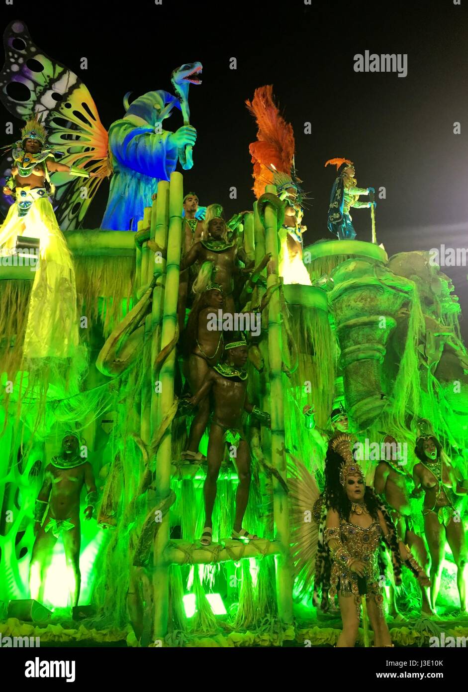 Carnaval parade in the Sambodromo, Rio de Janeiro, Brazil. What an energy, spirit, culture, and crazy party. Stock Photo
