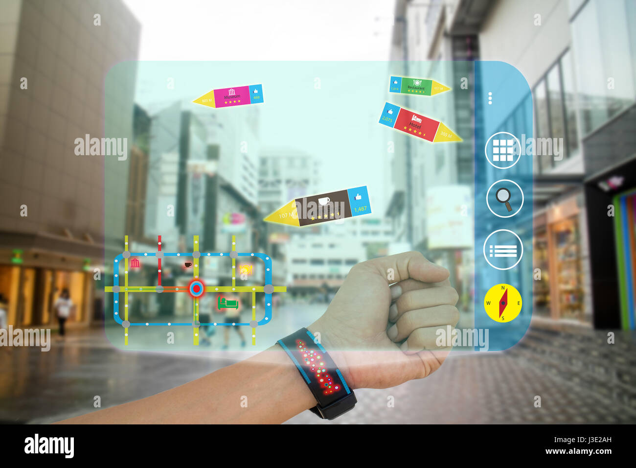 iot, internet of things,concept man use smart watch with augmented reality technology to show how far,ratio of vote,and how many people like by applic Stock Photo