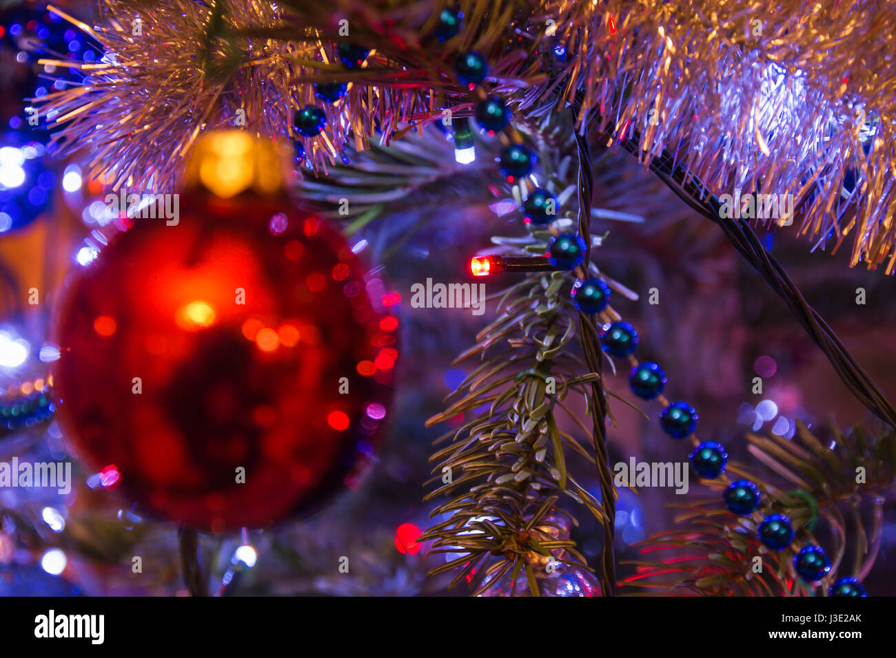 Red bauble on a christmas tree Stock Photo