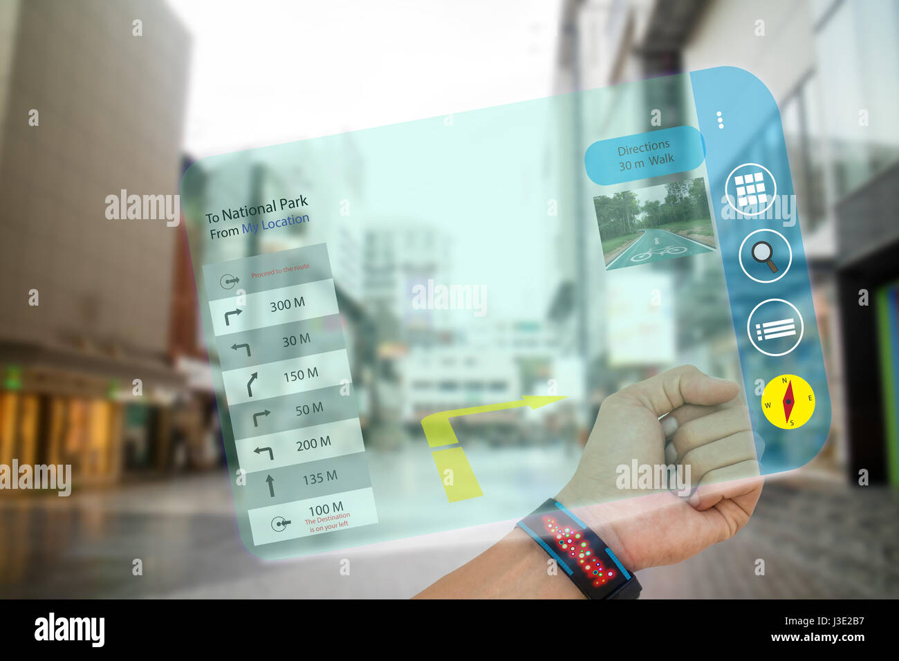 iot, internet of things,concept man use smart watch with augmented reality technology to search the way to last destinations ,application show the det Stock Photo